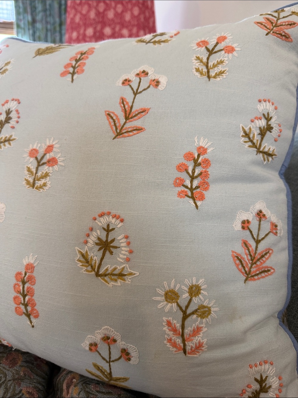 2 Anthropologie Embroidered Floral Accent Pillow - Light Blue Coral